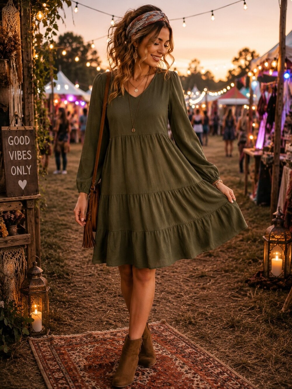 Zesica Olive Green Smocked Tiered Dress | Long Sleeve‎ | Size S